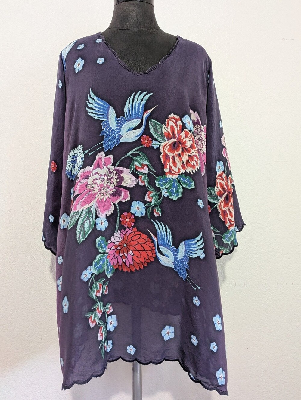 Johnny Was Purple Floral & Bird Embroidered V-Neck Tunic Size 2XL